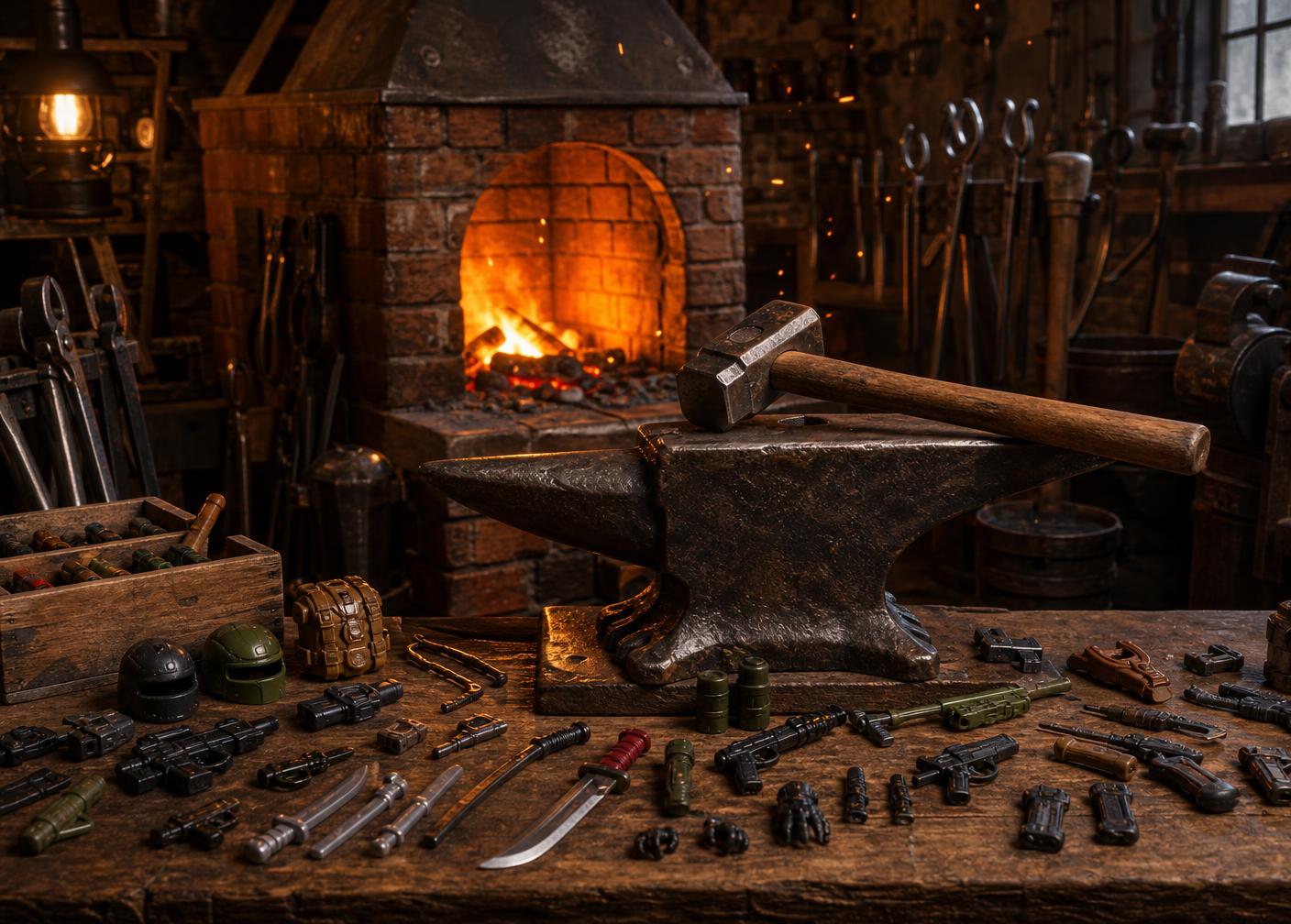 Een smidse-geïnspireerde werkplaats met oven, aambeeld en miniatuuraccessoires